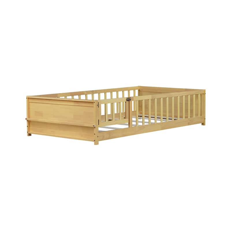 Roomfitters Twin Floor Bed with Built-in Book Rack and Swing Door, Rubber Wood Frame with Guardrails