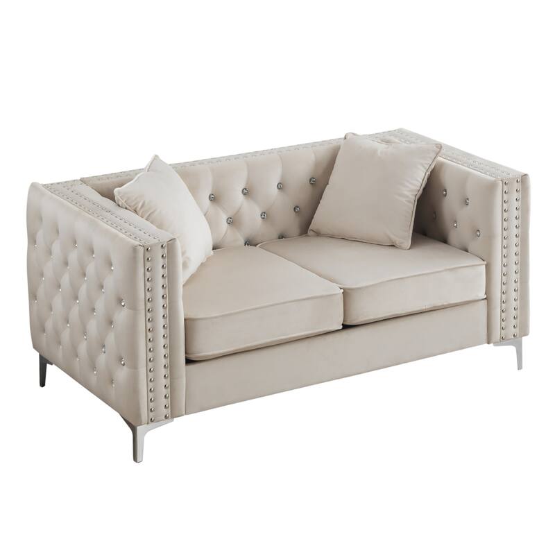 Tufted Diamond Button Velvet Loveseat with Throw Pillows - 63" - White