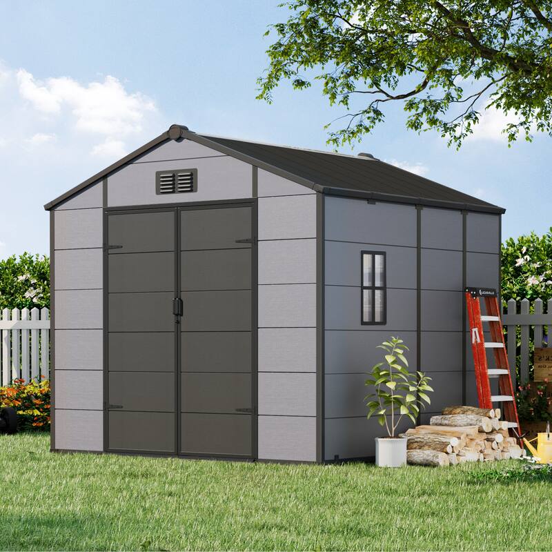 EROMMY Outdoor Storage Shed with Built-In Floor, Lockable Double Doors & Sloped Roof, Gray/Black