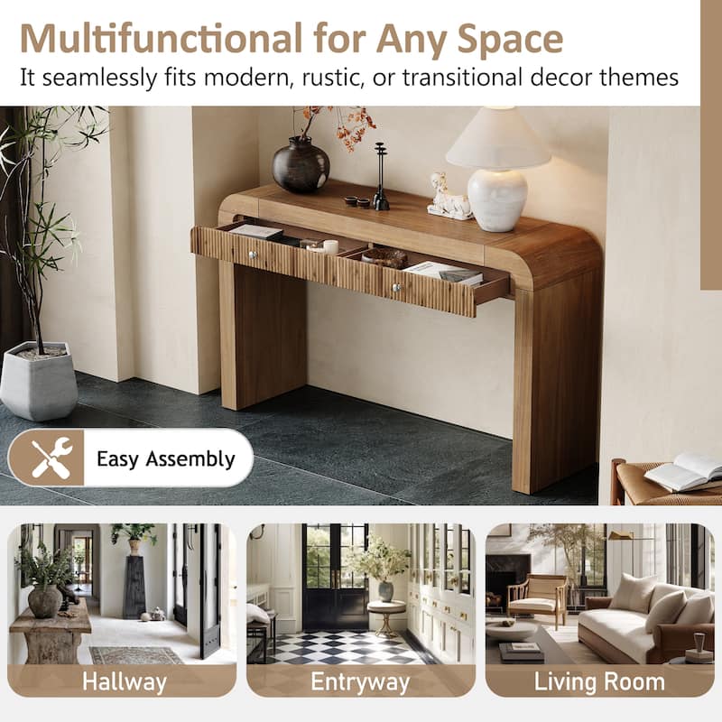 Roomfitters Rustic Console Table with Fluted organizer, Curved Corners and Thick Legs, Entryway or Sofa Table