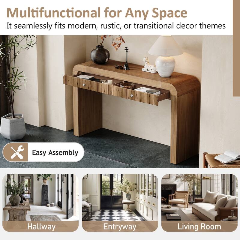Rustic Curved Console Table Entryway Table with 2 Fluted Drawers for Hallway & Living Room - Natural