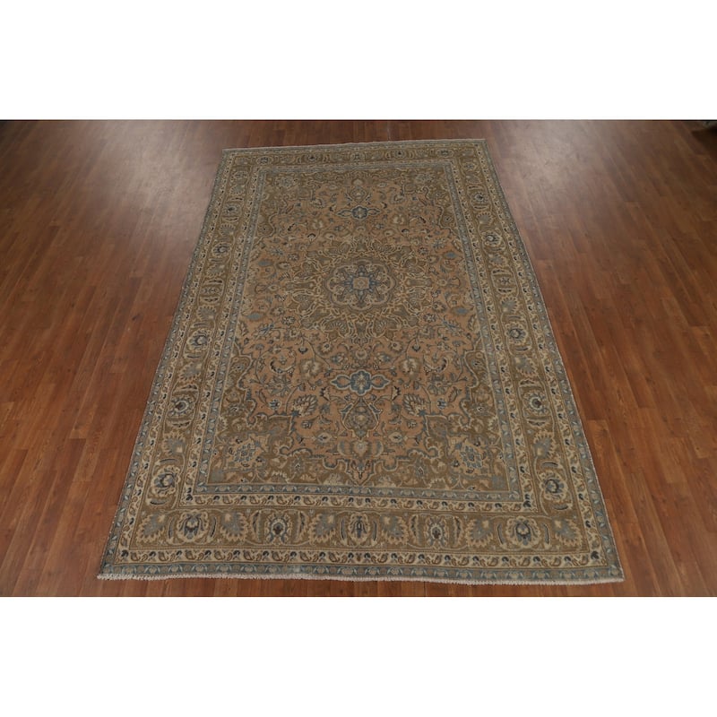 Traditional Mashad Persian Vintage Area Rug Handmade Wool Carpet - 6'2" x 9'3"