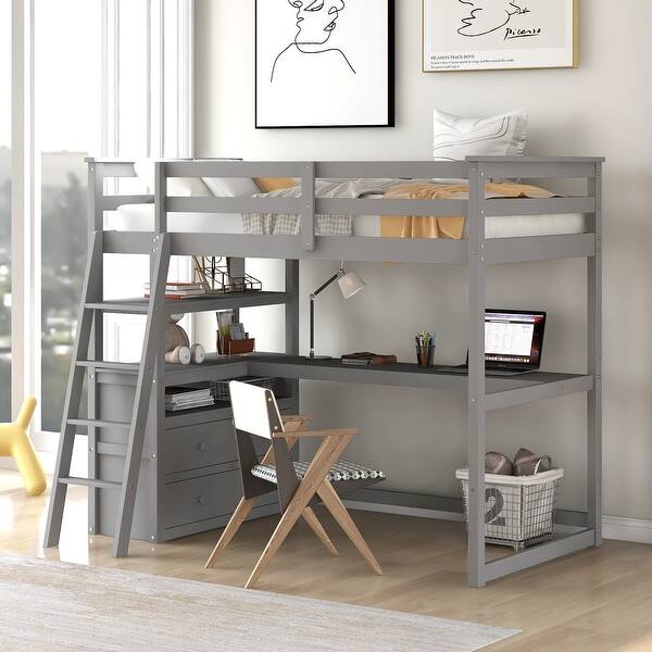 slide 2 of 7, Space-Saving Twin Size Loft Bed with Integrated Study Area and Storage Gray