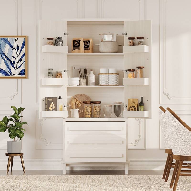 Farmhouse 70" Tall Kitchen Pantry Cabinet,Freestanding Wooden Kitchen Cupboard with 6 Door Shelves and 3 Drawers - White