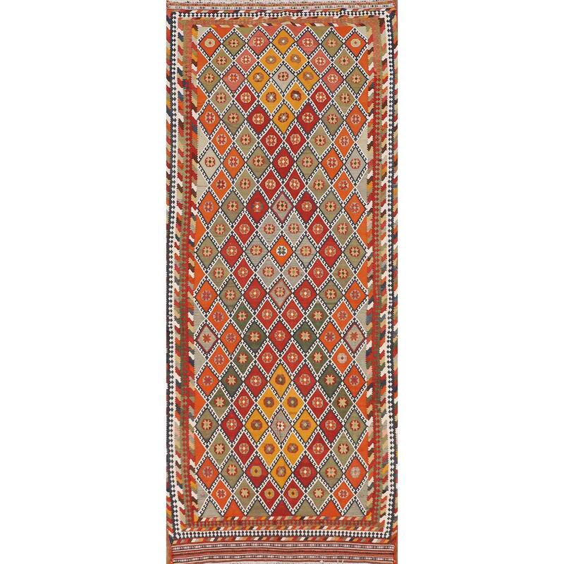 Kilim Persian Vintage Runner Rug Flatweave Wool Carpet - 4'1"x 12'4"