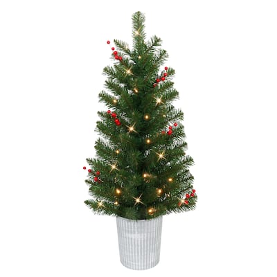 Puleo International Set of 2, 3.5 ft. Pre-Lit Decorated Artificial Potted Christmas Trees