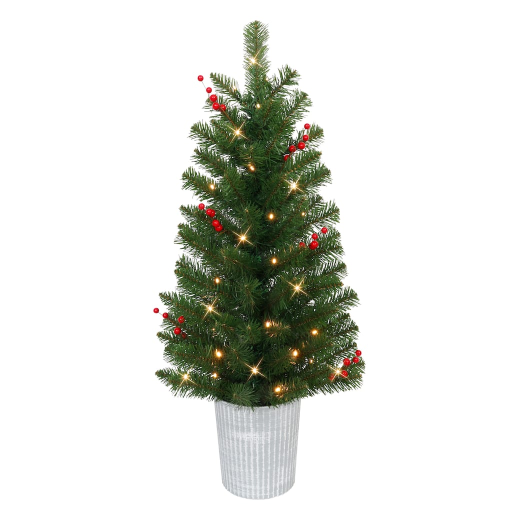 Puleo International Set of 2, 3.5 ft. Pre-Lit Decorated Artificial Potted Christmas Trees