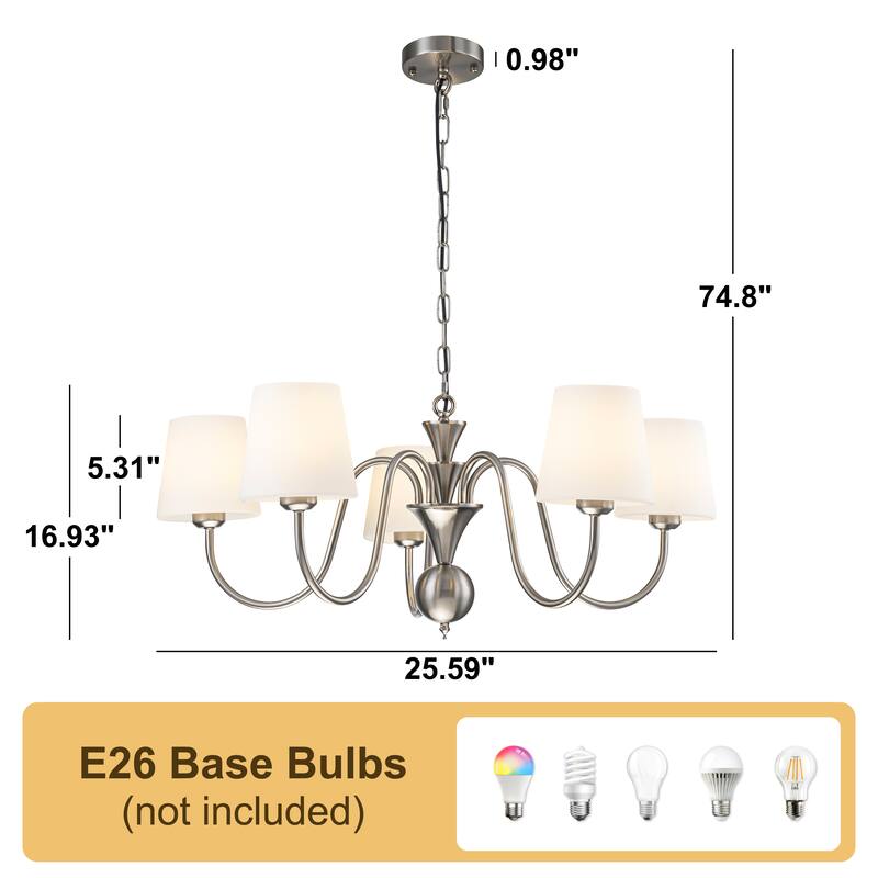 Starsky 5-Light Brushed Nickel with White Glass Shade Chandelier