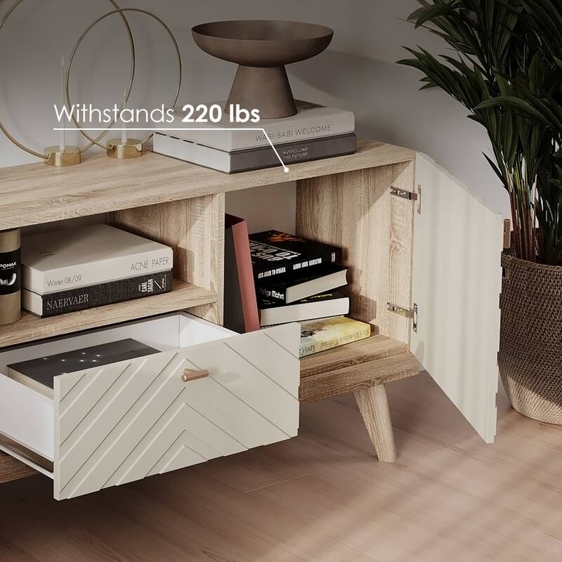 Living Skog Alba Beige TV Stand Console with Drawer Fits TV's up to 65 in. with Wood Legs Mid Century Modern Design