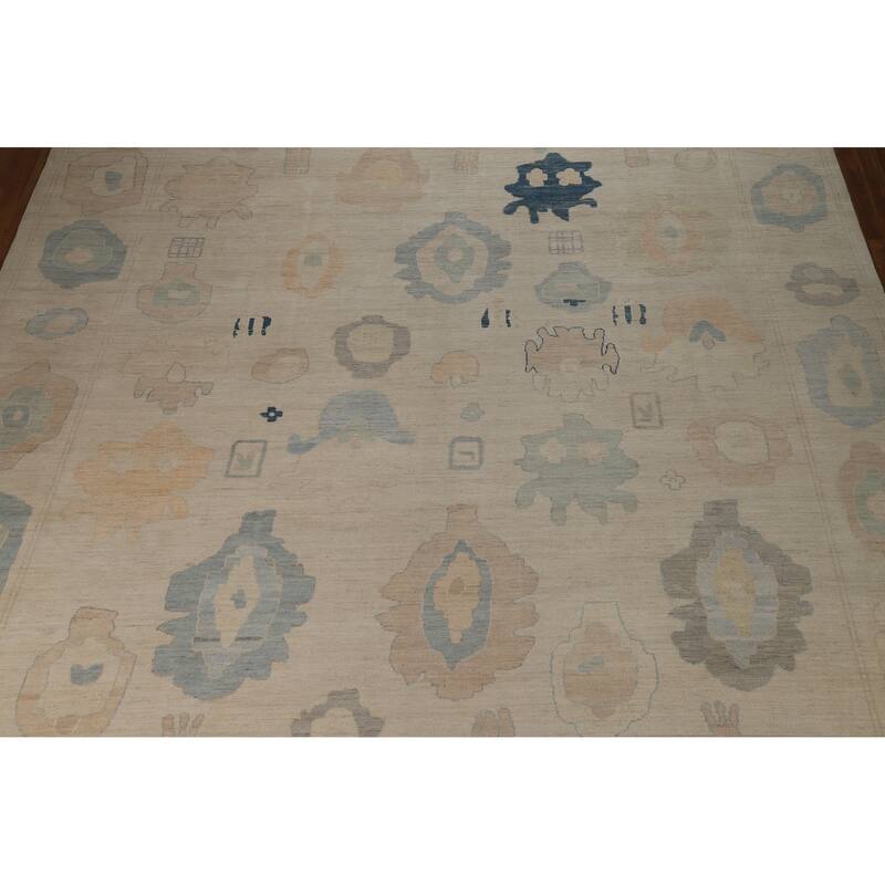 Hand Knotted Oriental 100% Wool Carpet Transitional All-Over Beige & Ivories Oushak Area Rug - 14' 8'' X 11' 10''