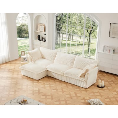 Modern L-Shaped 3-Seater Slipcovered Corduroy Sectional with Ottoman