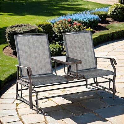Outdoor Glider Bench w/ Center Table, Breathable Mesh Fabric &Armrests
