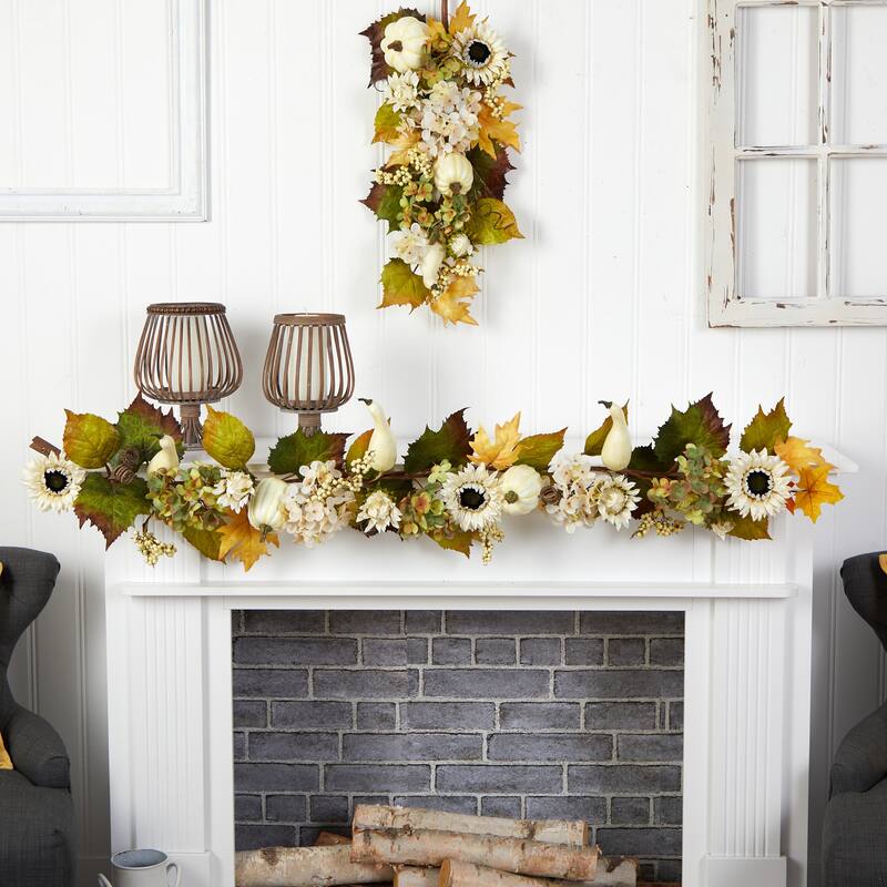 5' x 10" Sunflower, Hydrangea and Pumpkin Artificial Fall Harvest Garland, Unlit