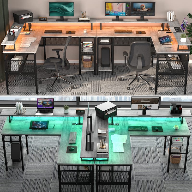 L Shape Computer Desk Reversible Gaming Desk with Charge Station and LED Light