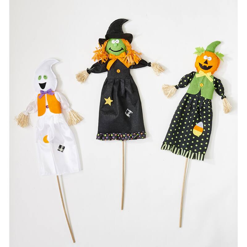 40" Outdoor Halloween Ghost, Witch, Jack O Lantern Figures on Stick, Set of 3