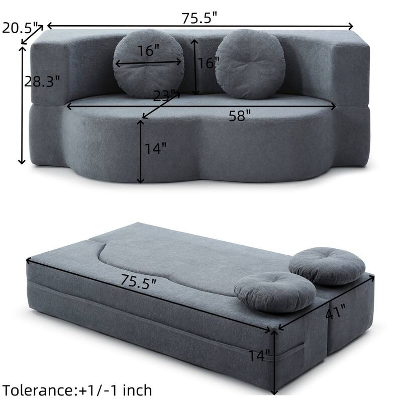 2-in-1 Convertible Folding Sofa Bed Lychee Velvet Futon Loveseat Couch