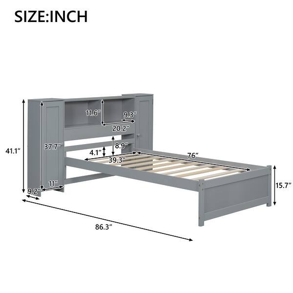dimension image slide 1 of 2, Twin Size Platform Bed with Storage Headboard, 3-Shelves, 2-Side Lockers, Solid Pine Wood Frame for Bedroom, Grey