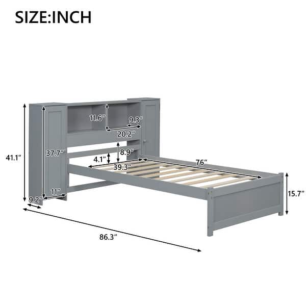 dimension image slide 1 of 2, Twin Size Platform Bed with Storage Headboard, Kids Bed Frame with 3-built-in shelves & 2-side lockers for Bedroom, Grey