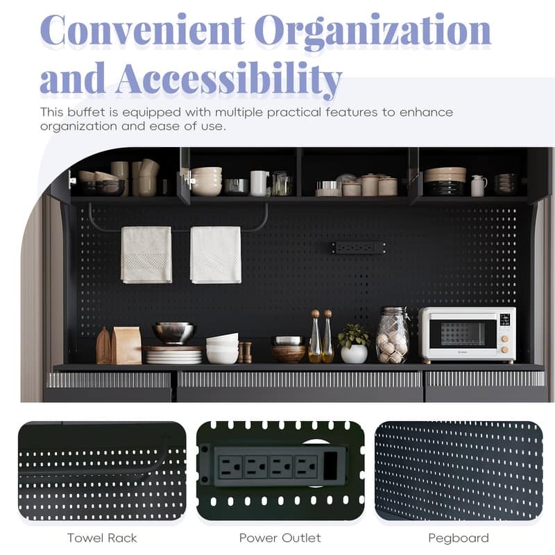 63" Buffet Hutch with Coffee Bar – 6 Drawers, 5 Adjustable Cabinets, Pegboard, Towel Rack & Power Outlet