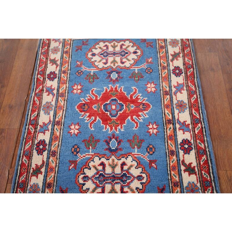 Geometric Blue Kazak Accent Rug Handmade Wool Carpet - 2'0" x 3'1"