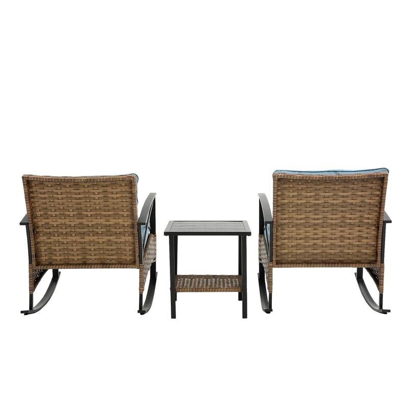 Outdoor Rattan Rocking Chairs Set of 2 for Backyard Porch, 3-Pieces Patio Conversation Sets with Cushions & Side Table