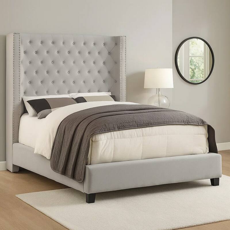 Rozy King Bed, Wingback Tall Headboard, Nailhead Trim, Ivory Upholstery
