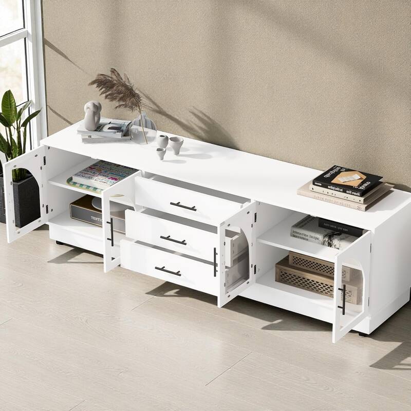 68.9'' Modern Minimalist TV Stand with Glass Doors, 3 Drawers & Adjustable Shelves, Fits TVs up to 75''