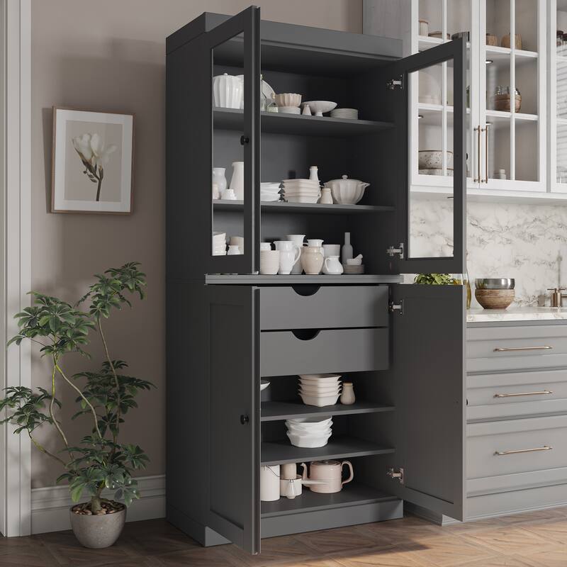 Palace Imports 100% Solid Wood Pantry Cabinet, Shaker & Clear Glass Doors, 2 Drawers, Adjustable Shelves, 32" Wide, 71.5" Tall - Gray