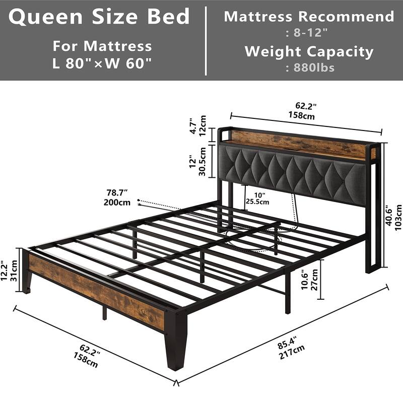 Queen Bed Frame, Storage Headboard with Outlets, Easy to Install, Sturdy and Stable, No Noise, No Box Springs Needed