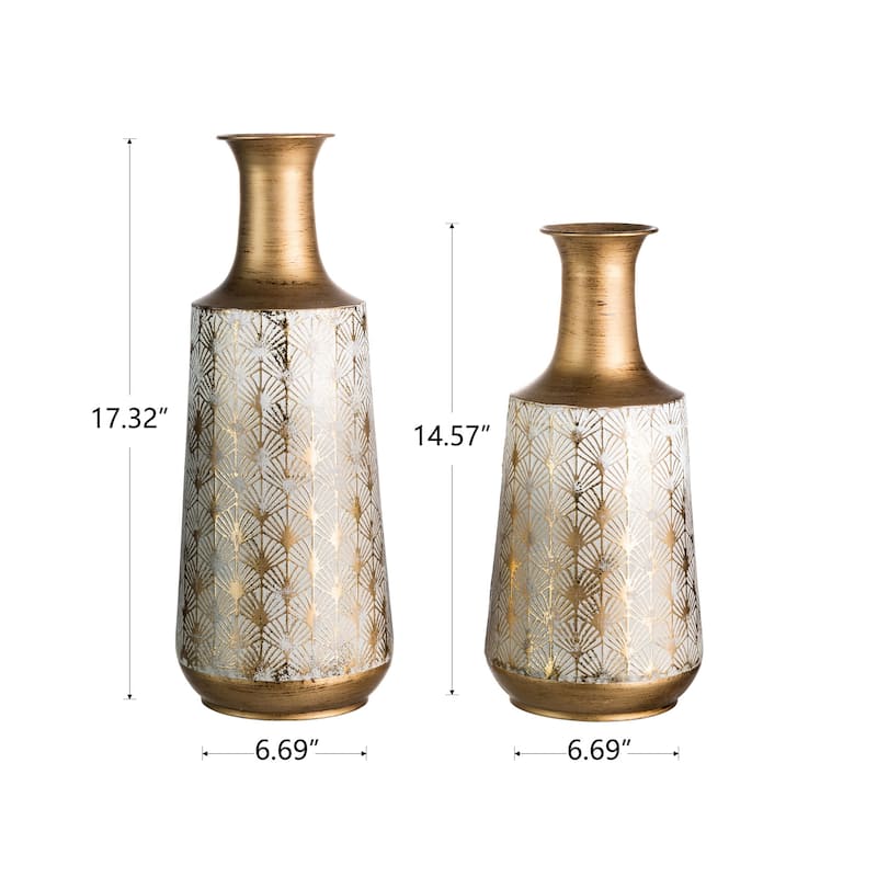 Glitzhome Set of 2 Distressed Traditional Vintage Gold/White Metal Vases