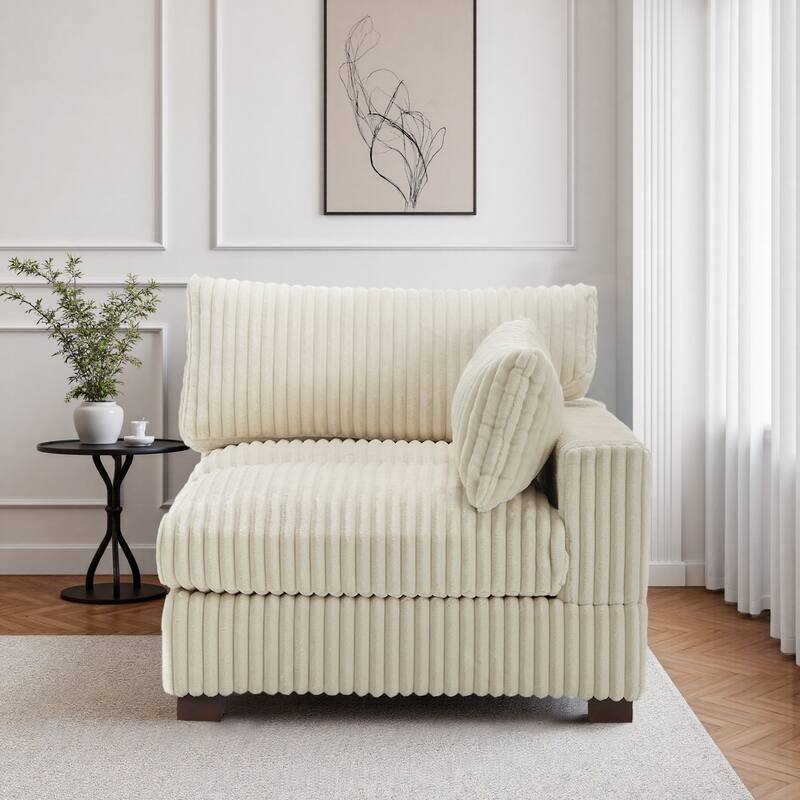 40"W Plush Corduroy Corner Accent Chair Sectional Module with Pillow - Right Facing - White
