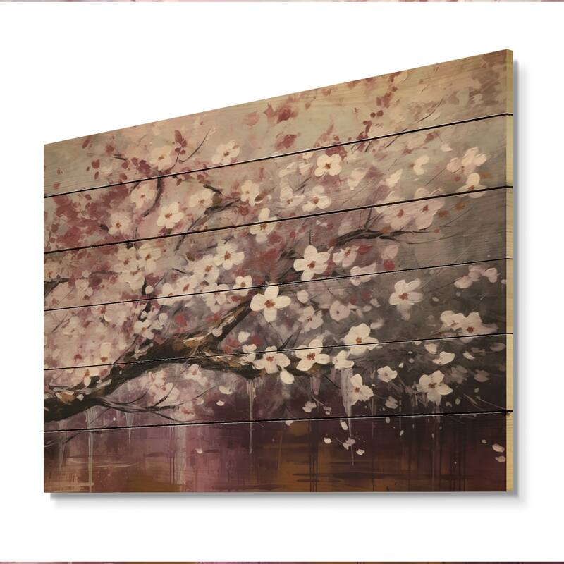 Designart "Pink Grey Dogwood Elegance II" Floral Print on Natural Pine Wood