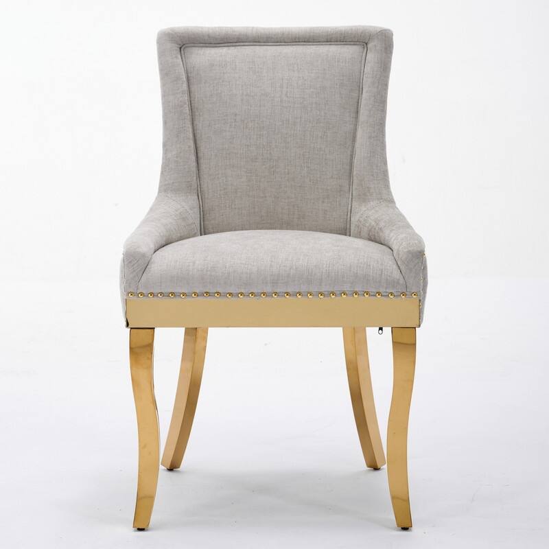 Chenille Dining Chairs, Modern Style with Curved Gold - Plated Legs & Rivet Trim, Upholstered Comfort , Set of 2