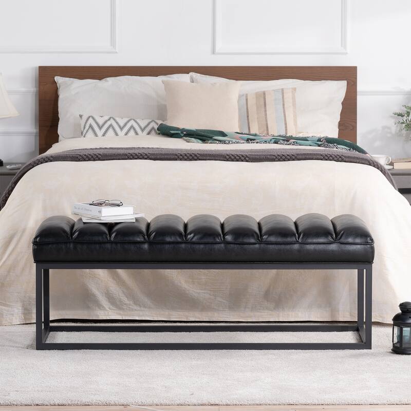 Black Leather Upholstered Bench End of Bed Bench for Bedroom, Indoor Bench Leisure Bench Footrest Ottoman - Black