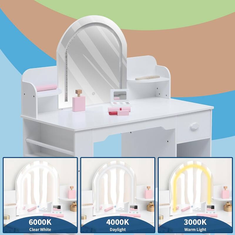 Kids Vanity Set with Lighted Mirror and Stool, 2-in-1 Makeup Tabl, for Girls Ages 3–9