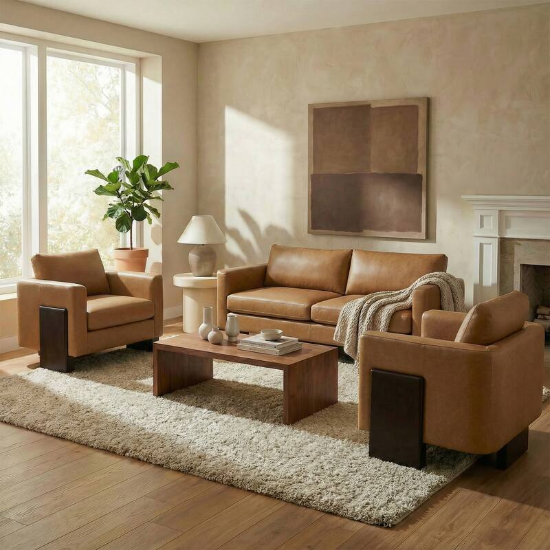 Christopher Knight Home - American Modern 3-Seater Upholstered Sofa and 2 Accent Chairs Set with Rubberwood Legs - Brown - PU - 3 Piece
