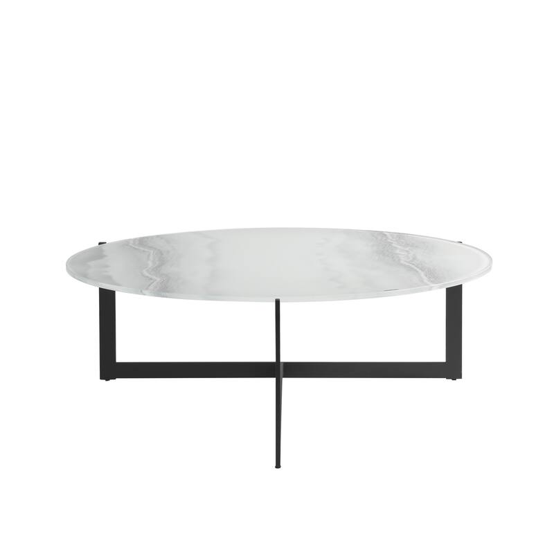 Krike Modern Industrial Round Coffee Table with Tempered Glass Top