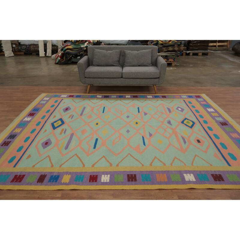 Hand Woven Oriental 100% Wool Carpet Southwestern Tribal Green Kilim Area Rug - 10' 7'' X 8' 5''