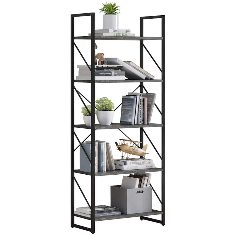 Roul Wood 5-Tier Bookshelf Industrial Artsy Grey Bookcase Books Holder Organizer - Grey