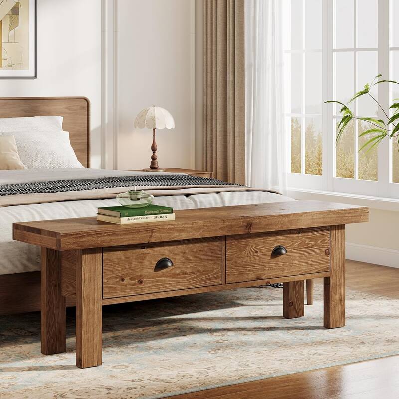 55" Solid Wood Long Bench with 2 Drawers and Open Storage Shelves