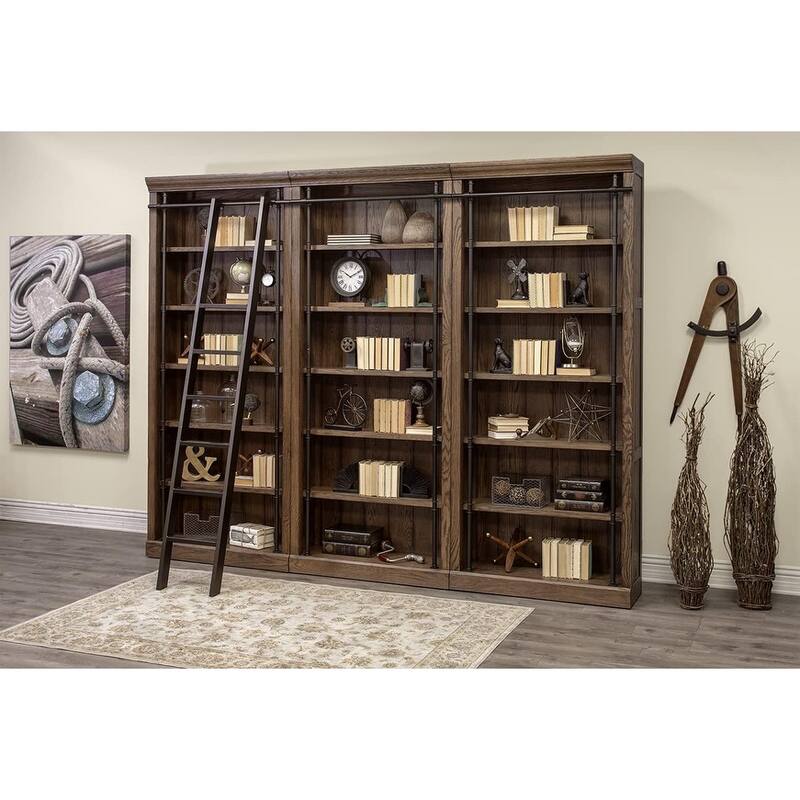 Avondale 8' Tall Bookcase Wall With Ladder, Storage Organizer, Display Shelf for Office, Brown