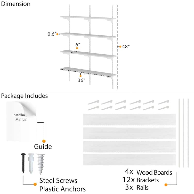 Adjustable Shelf, 36 inch Floating Shelves, Wooden Closet Shelves, Kitchen Shelving, Pantry Shelves, Wall Mounted, Tier Options