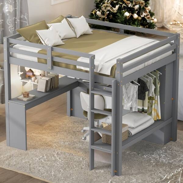 slide 2 of 26, Wood Loft Bed Frame with Storage Shelves,1 Cabinet and 2 Drawers,Full Size White