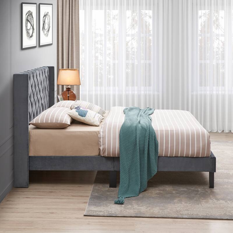 Queen Size Velvet Upholstered Bed with Strong Wood Slat Support