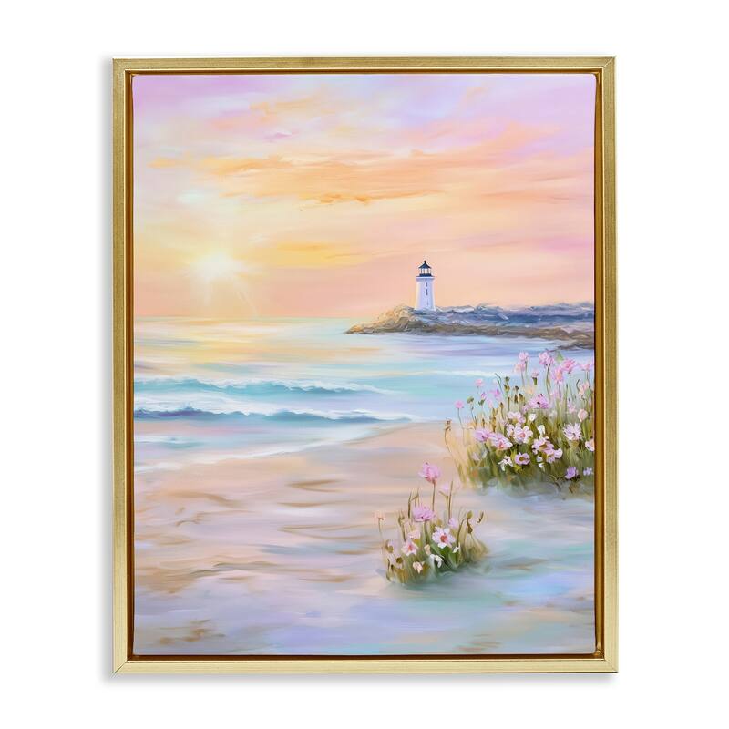 Stupell Warm Sunrise with Distant Lighthouse Framed Floater Canvas Wall Art Design By Arlington Prints - 25 x 31 - Gold