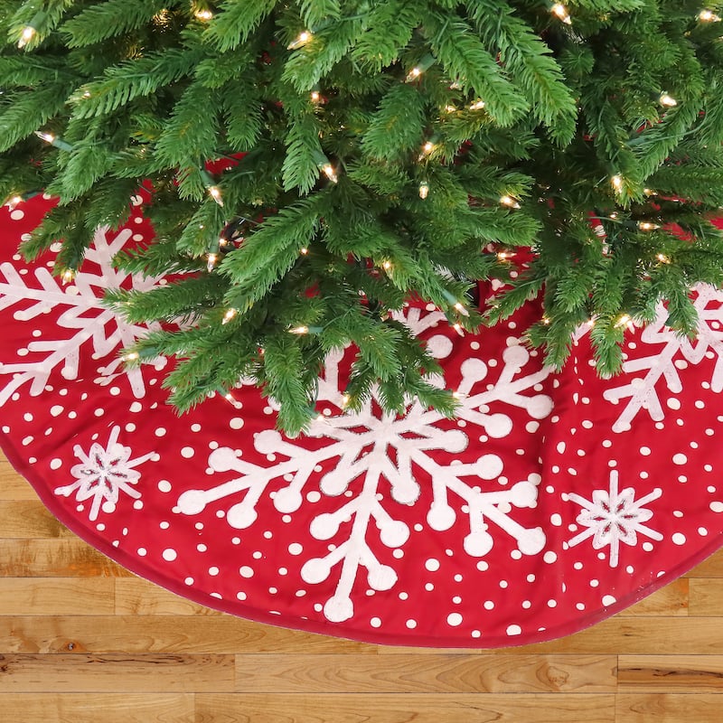 National Tree Company 52 in. HGTV Home Collection Tree Skirt Red Base With White Snowflake Embroidery And Dot Print, Red - 52 in