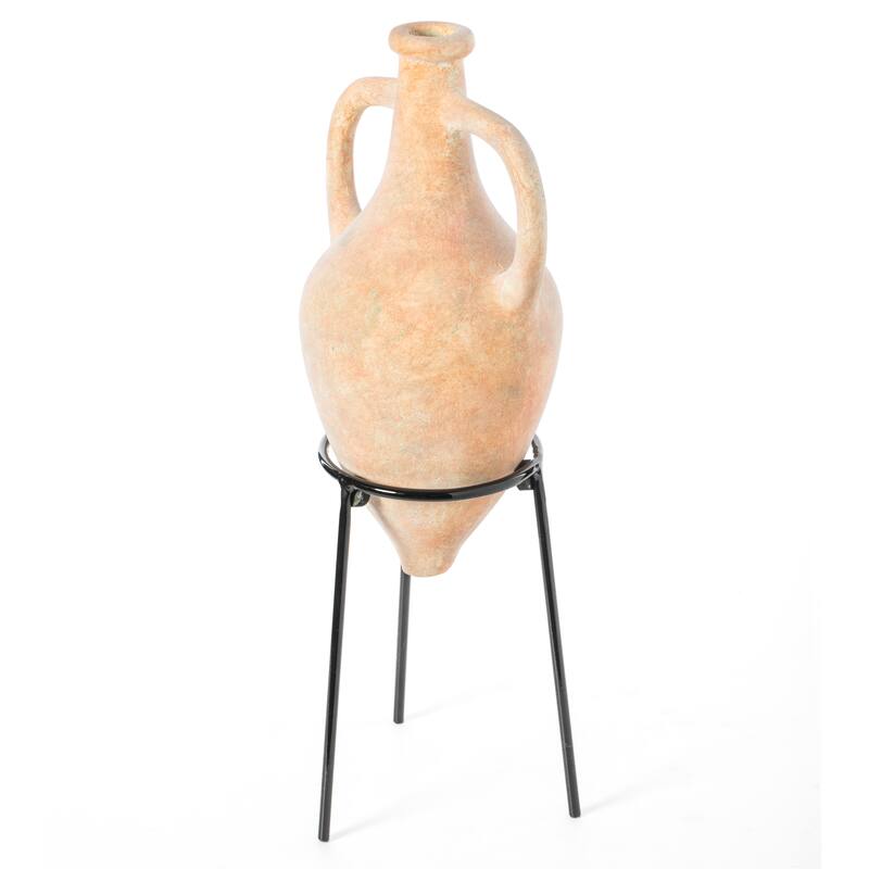 Antique Style Vase, Amphora, Decorative Large Tall Vase, Unique Vase on Slim Black Metal Tripod Stand, 21-Inch-Tall Beige Vase