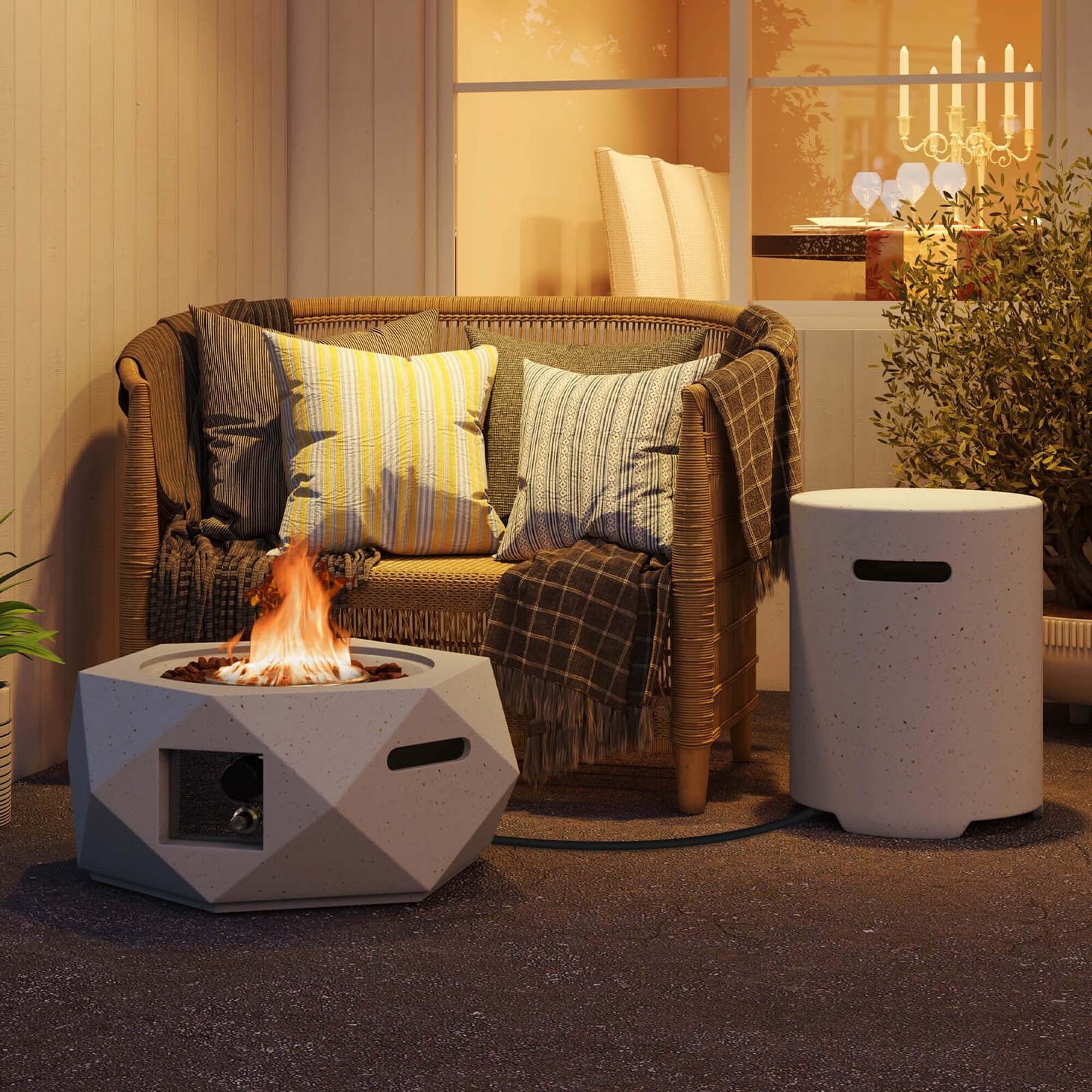 Fire Pit Table Set w/Tank Holder Round Terrazzo Propane Gas Fire