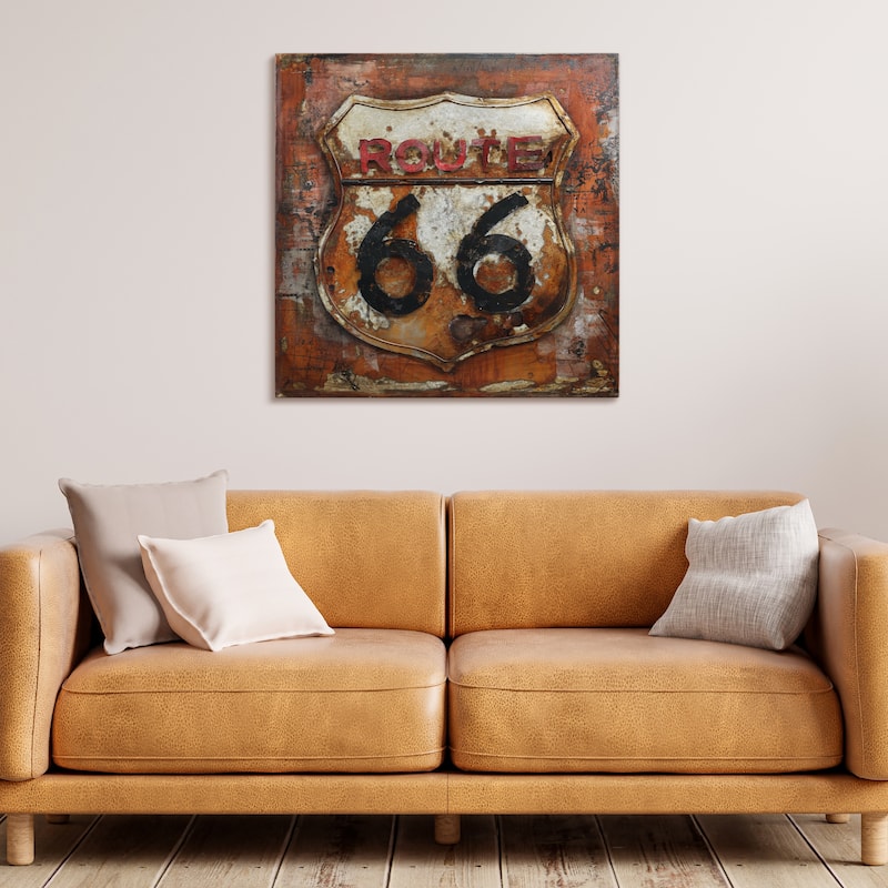 "Route 66" Mixed Media Iron Hand Painted Dimensional Wall Art Sculpture