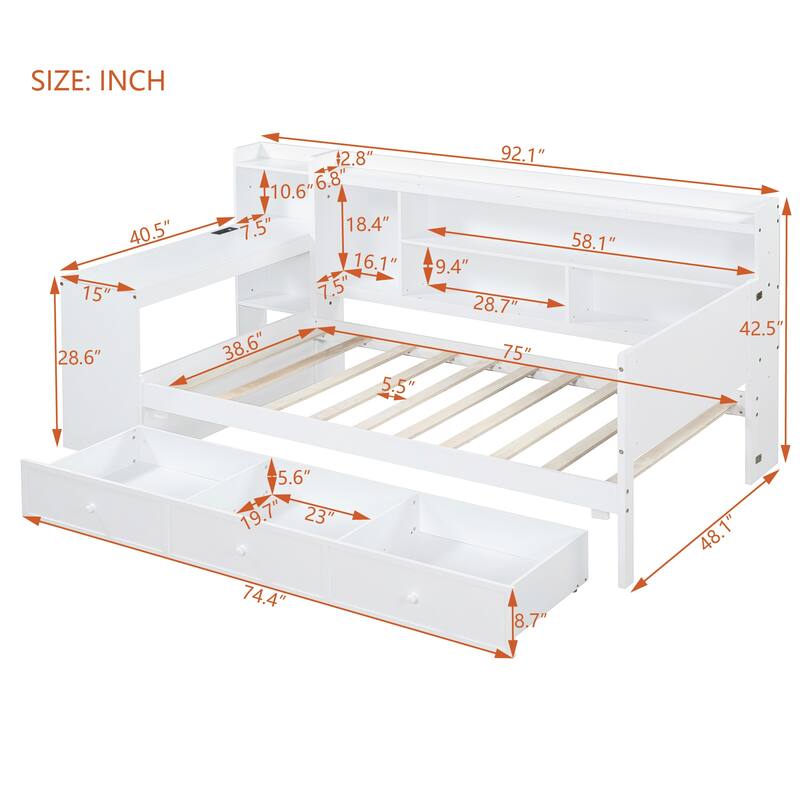 Twin Size Modern Wooden Daybed with Three Drawers, USB Ports, and Desk